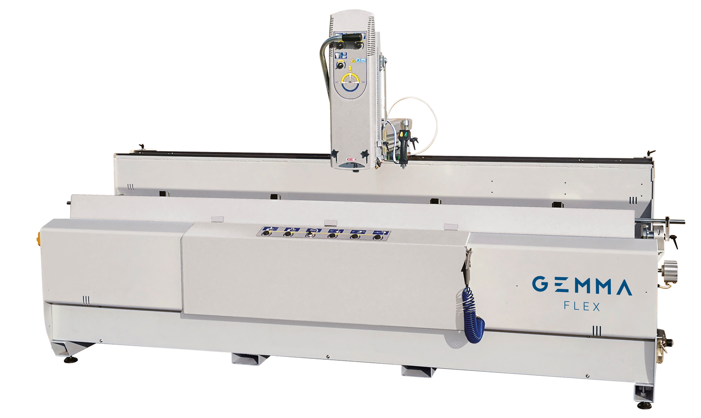 Front view of the Flex-L manual copy router showcasing its compact structure, control panel, and cutting unit, ideal for precision aluminum machining.
