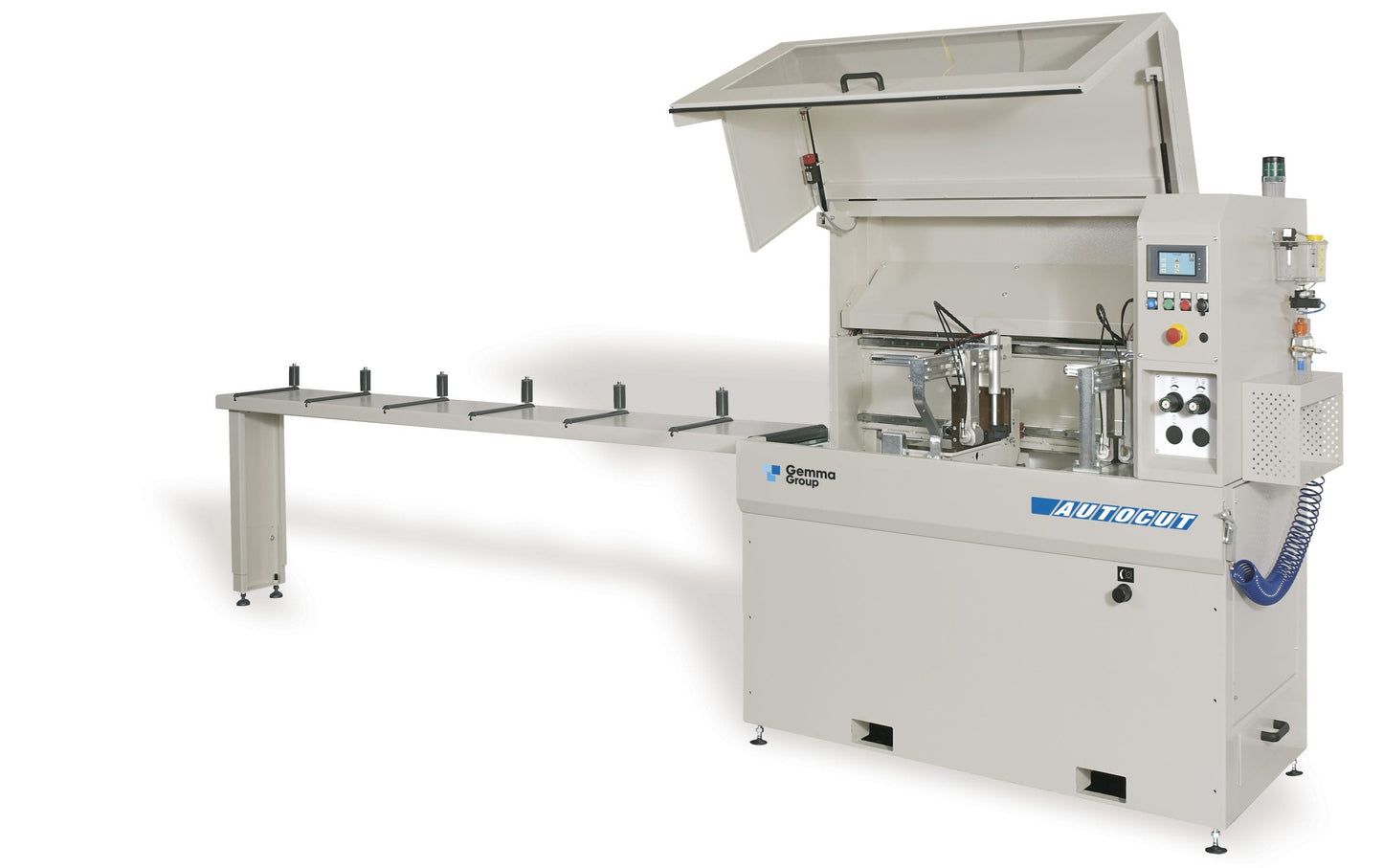 Fully assembled Autocut machine, optimized for cutting aluminum profiles with high speed and precision.