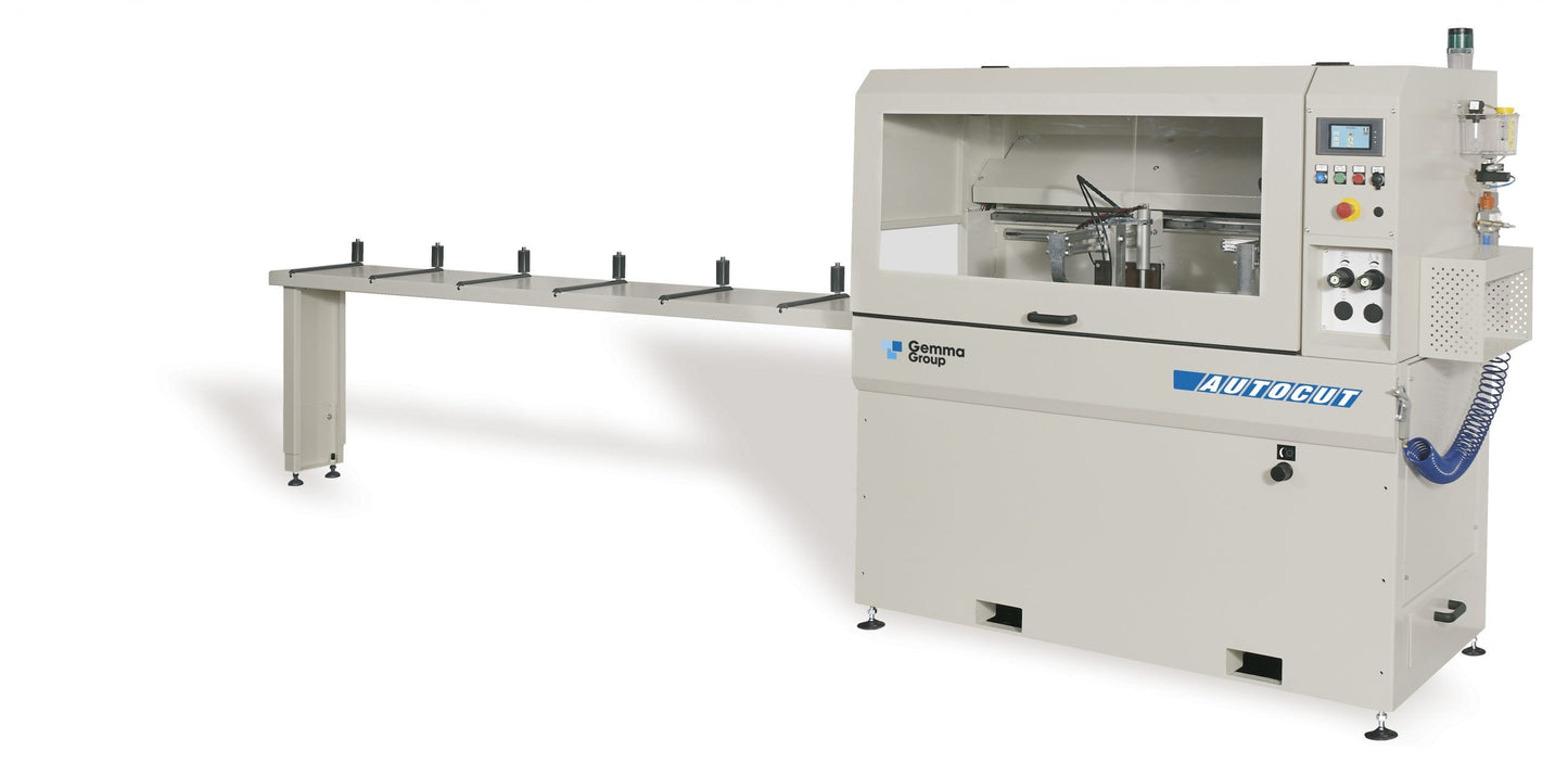 Front view of the Autocut automatic cutting machine, displaying its ergonomic control panel and cutting area.