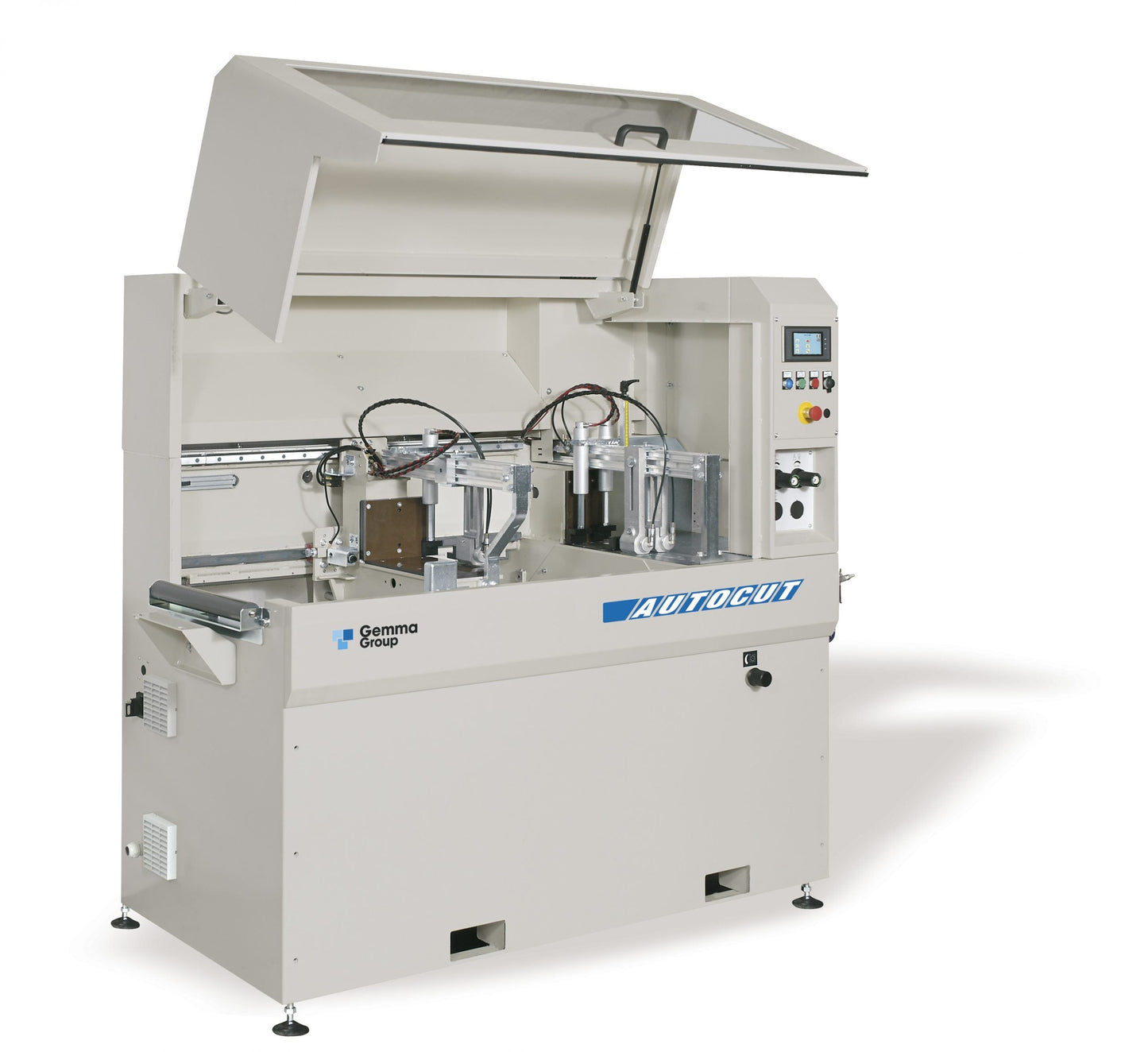 Open view of the Autocut automatic cutting machine, showcasing the internal cutting mechanism and structural design optimized for aluminum profiles.