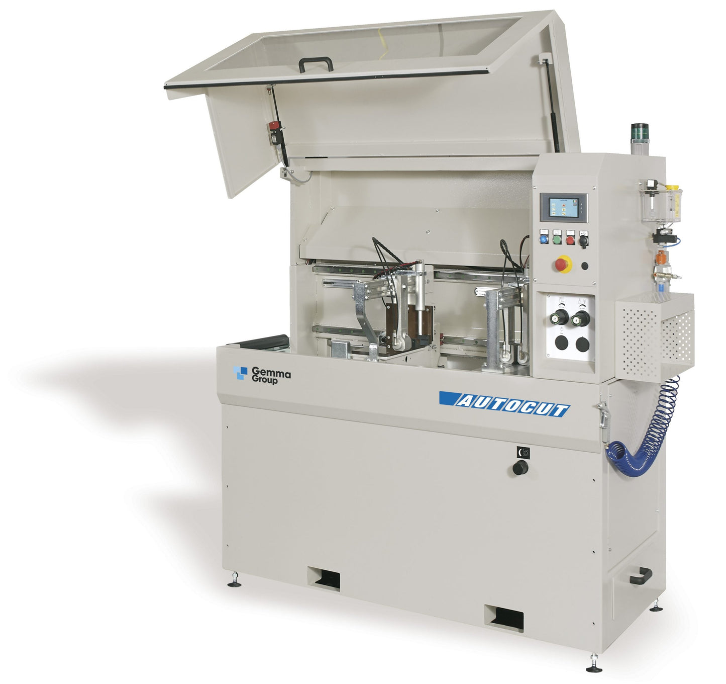 Autocut cutting machine shown without the roller conveyor, emphasizing its compact design and efficiency.