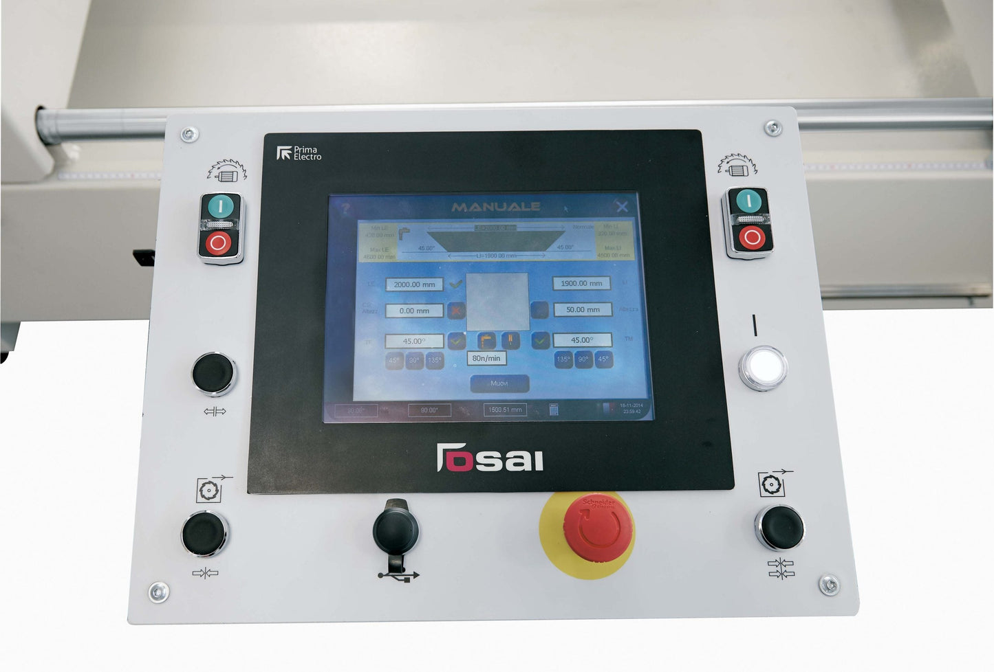 Control panel of the Basic A double head miter saw, featuring a user-friendly touchscreen interface for aluminum and PVC profile cutting.