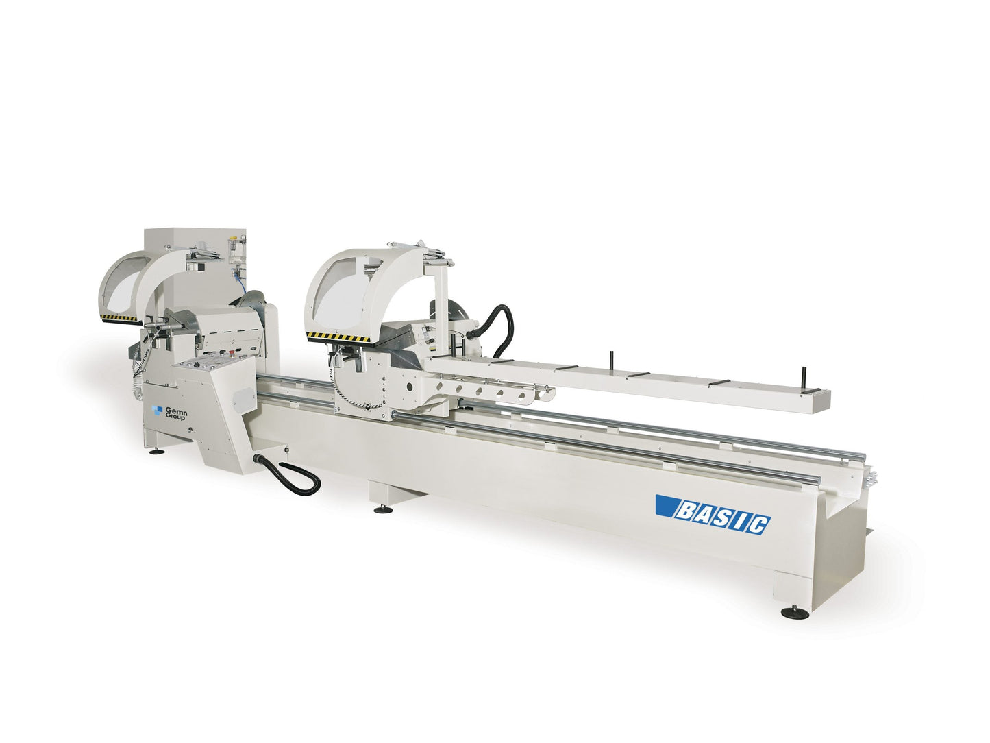 Closed position of the left cutting head on the Basic A double head miter saw for enhanced safety during idle operations.