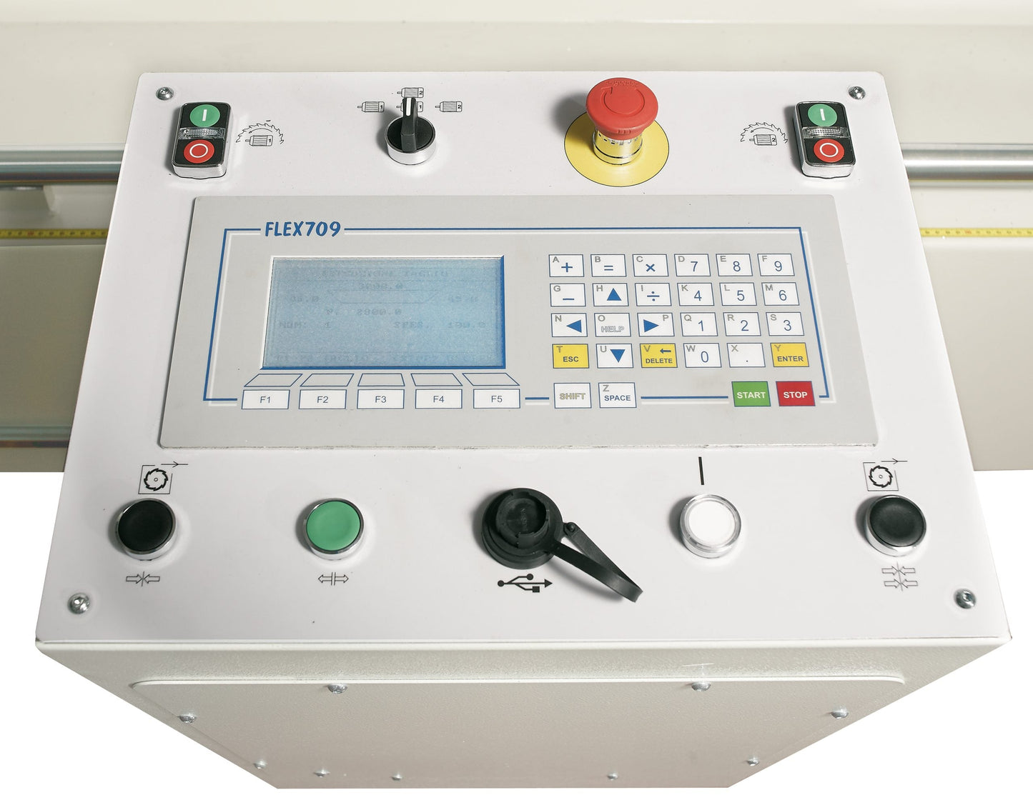Control panel of the Basic P double head miter saw, featuring a user-friendly touchscreen interface for aluminum and PVC profile cutting.