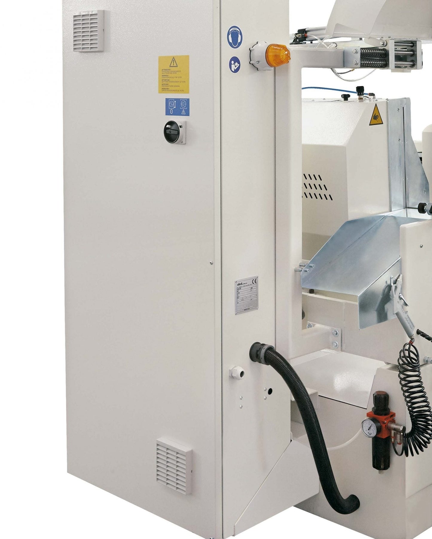 Electrical cabinet of the Basic double head miter saw with integrated safety and precision control systems for cutting aluminum profiles.