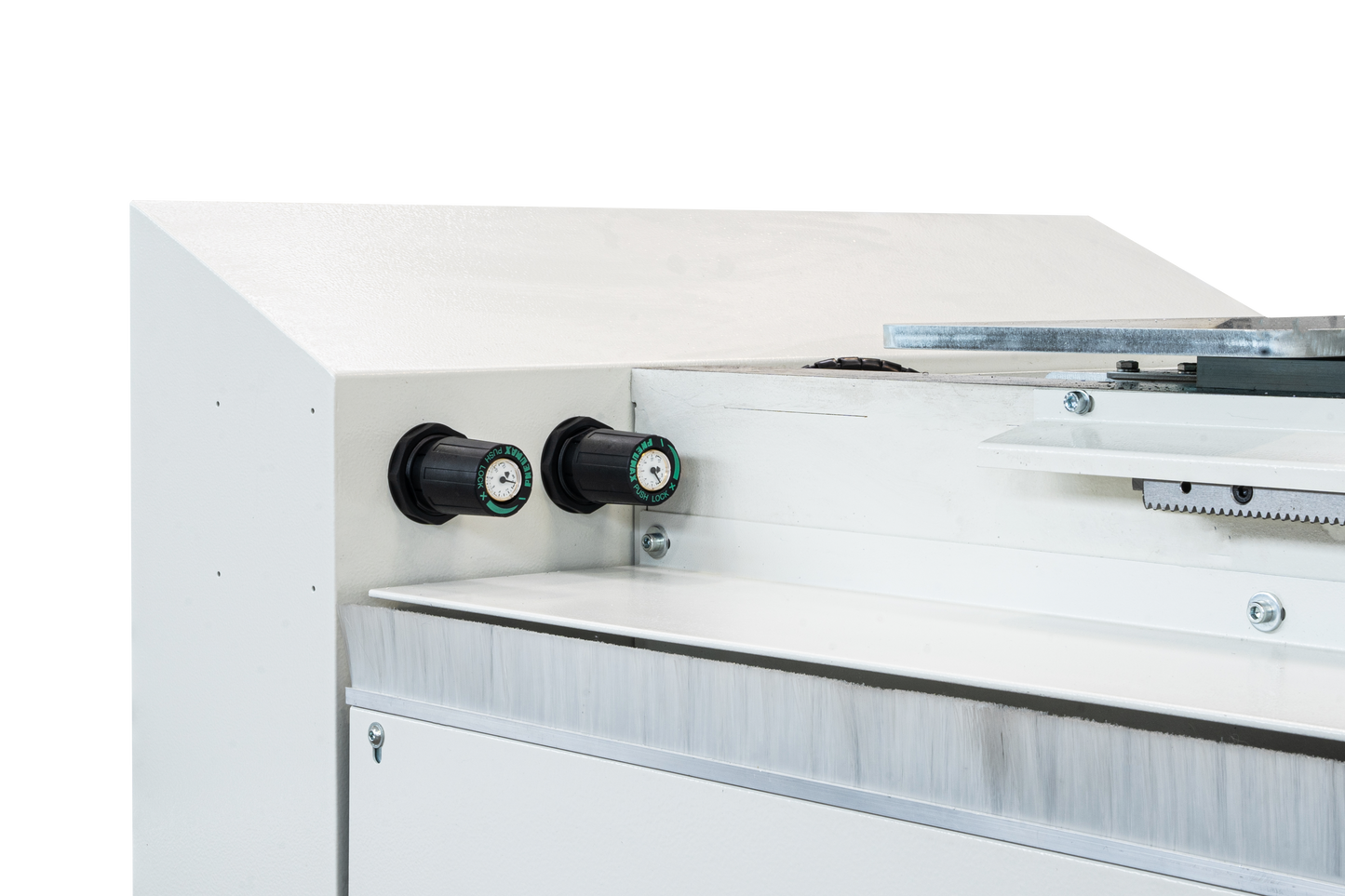 Close-up of the Bolero 4’s air pressure regulators, ensuring precise pneumatic control for reliable and efficient operation of the motorized clamps and other systems.