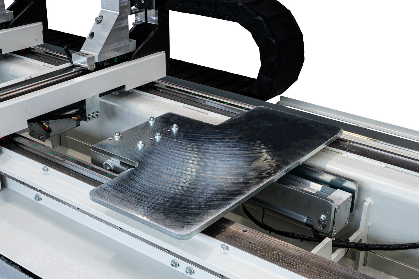Detailed view of the Bolero 5's right stop system, designed to ensure precise alignment and secure positioning for aluminum profiles during machining operations.