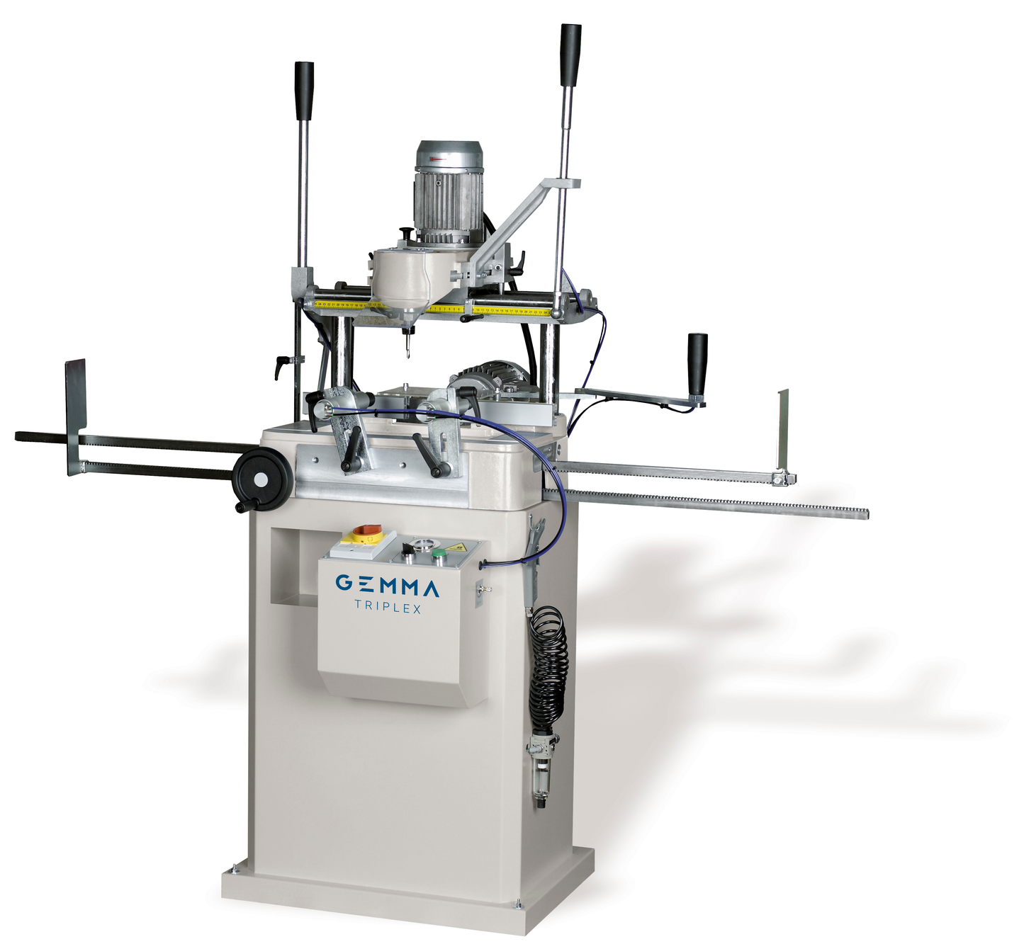 Front view of the Gemma Triplex manual copy router, designed for precise cutting and copy milling of aluminium and PVC profiles.