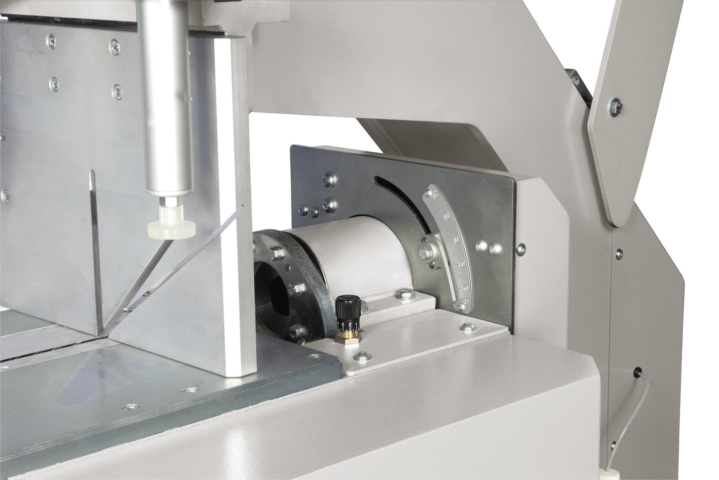 Close-up view of the Kappa cutting-off machine's adjustment mechanism, highlighting the precision angle scale and blade positioning components.