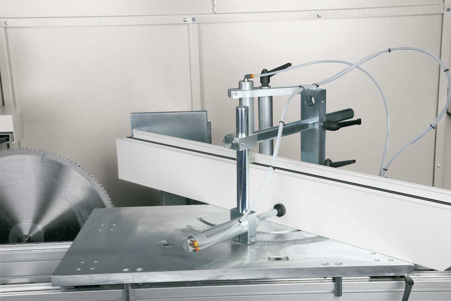 Close-up of the adjustable depth stop on the Magma End-Milling Machine for accurate profile milling depths.