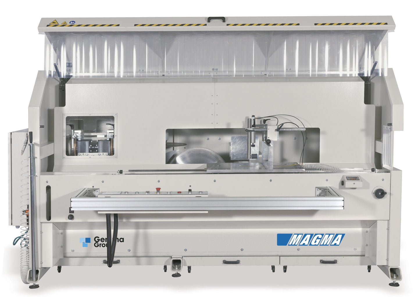 Close-up of the Magma End-Milling Machine's front panel controls, highlighting user-friendly buttons and streamlined operation.