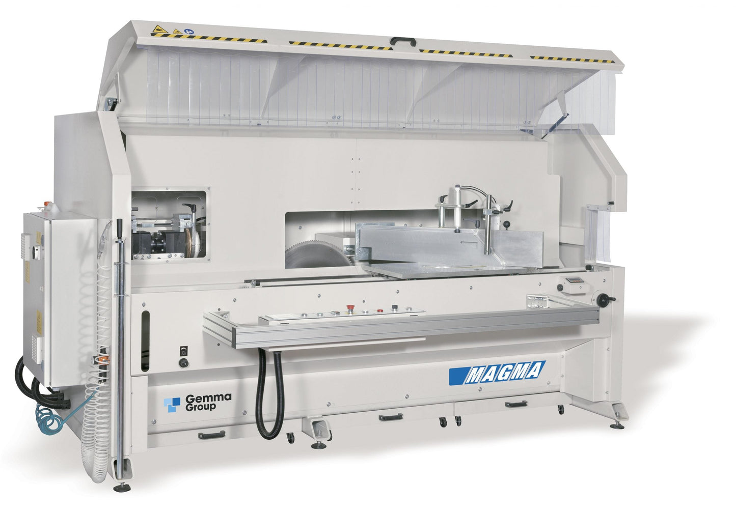 Profile support table of the Magma End-Milling Machine with adjustable tilting squares for versatile cutting angles.