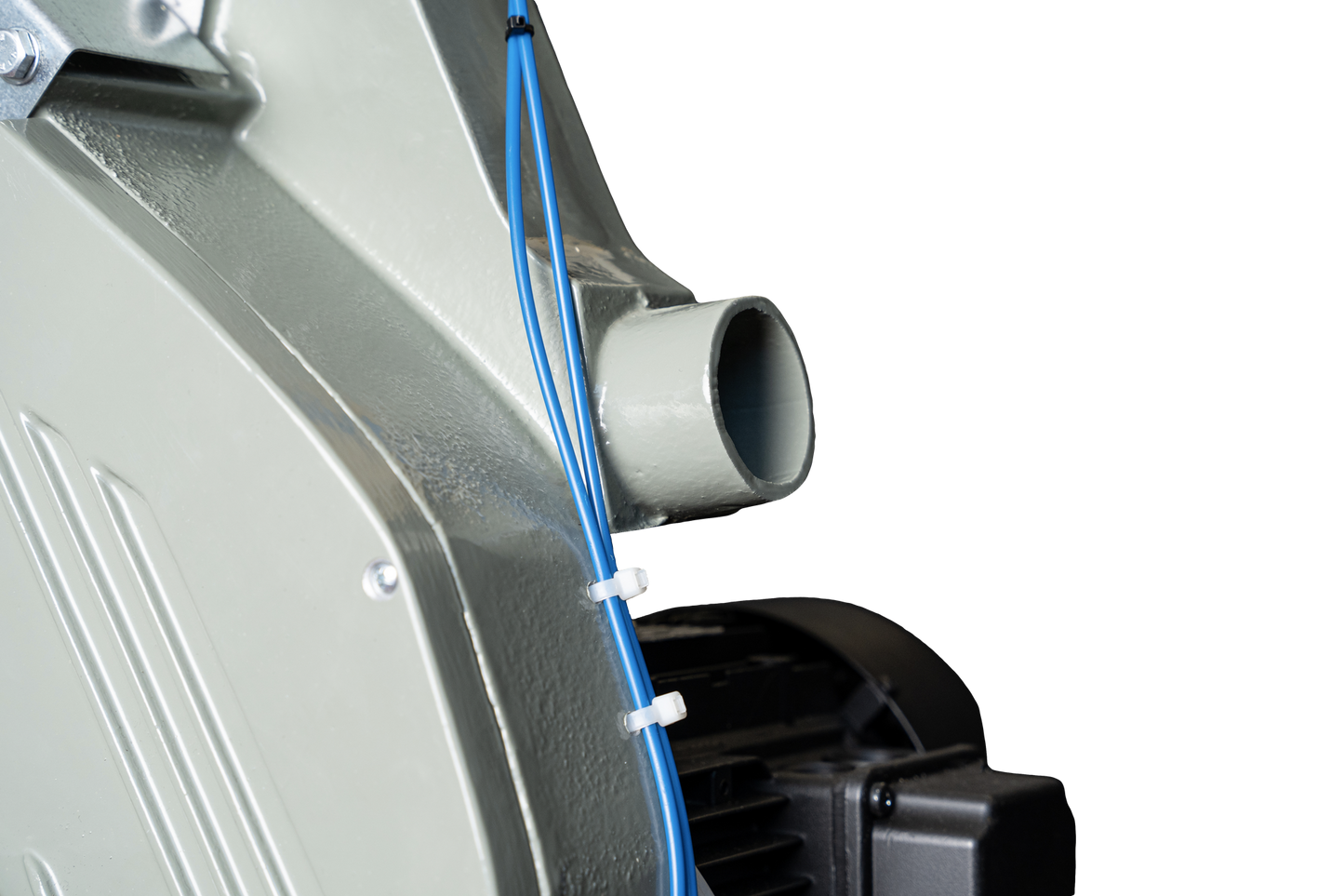 Detailed view of the exhaust port on the MOST single-head cutting-off machine, showcasing its durable build and efficient design