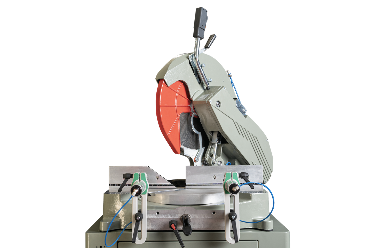 Front view of the MOST single-head cutting-off machine, showcasing the Ø 400 mm blade, horizontal pneumatic clamps, and ergonomic handle for precision and safety.