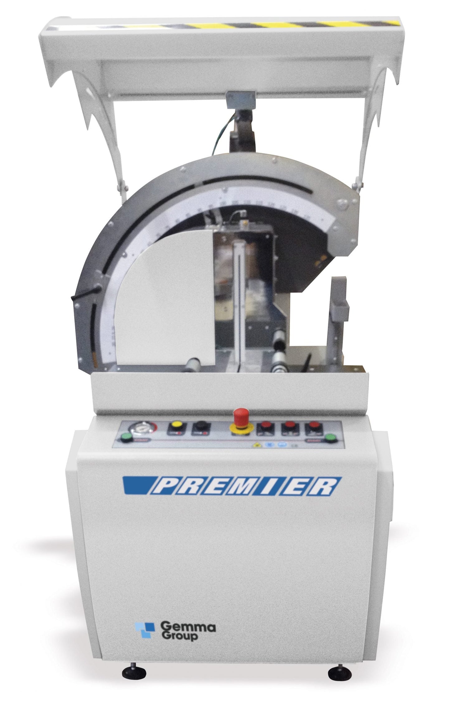 Front view of the Premier Single-Head Cutting-Off Machine with visible control panel, graduated ruler for cutting angles, and protective safety cover.