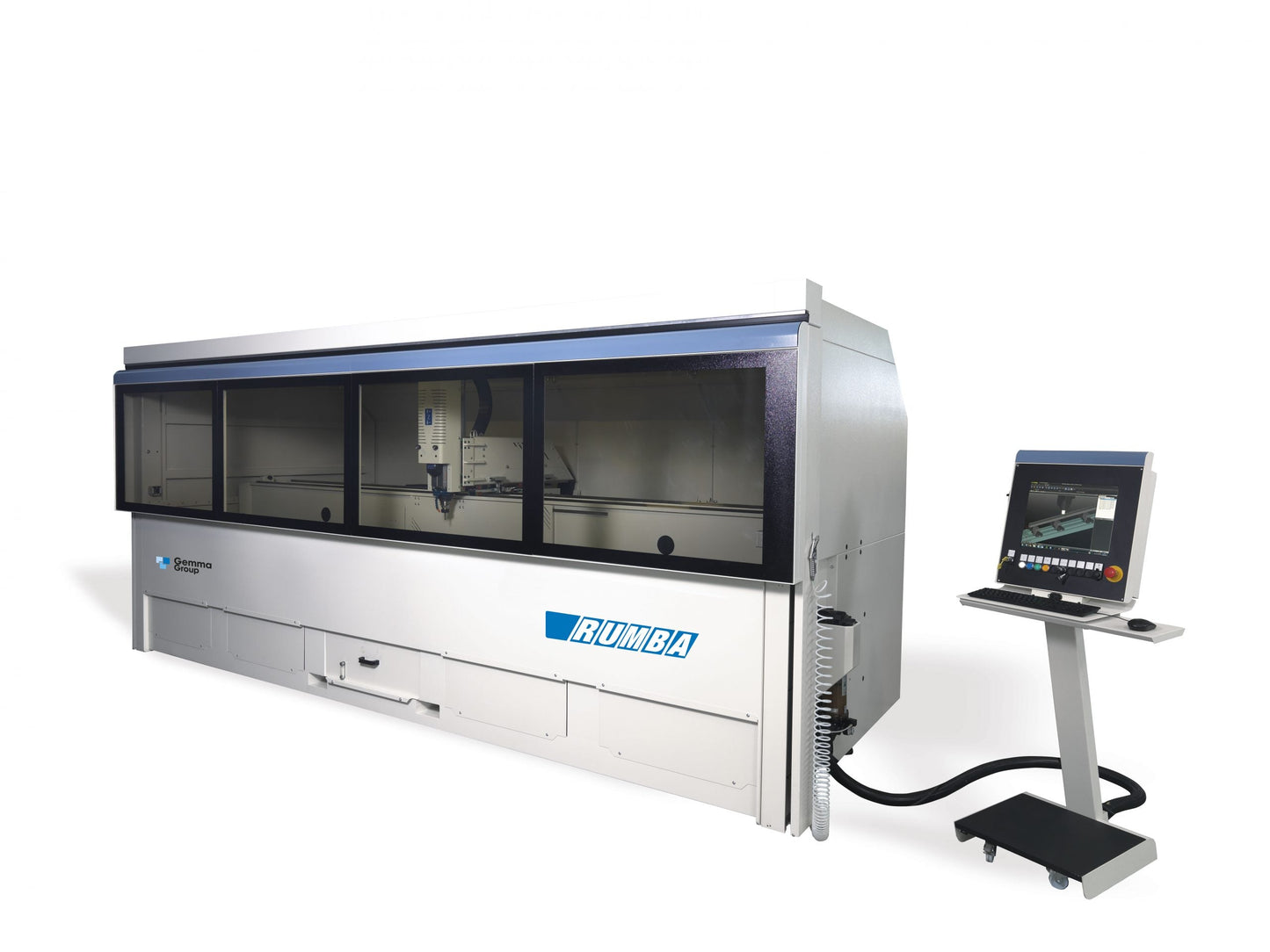 Rumba 4-axis CNC machining center with an industrial PC interface, featuring a protective cabin and advanced machining capabilities for aluminum and PVC