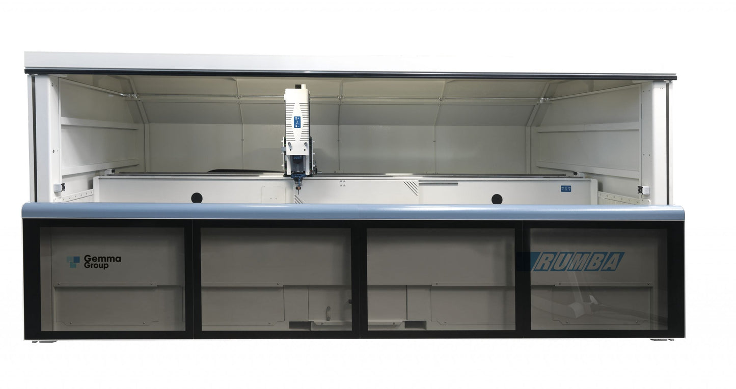 Rumba CNC machining center with an open cabin view, highlighting the spacious working area and advanced electrospindle for precision operations.