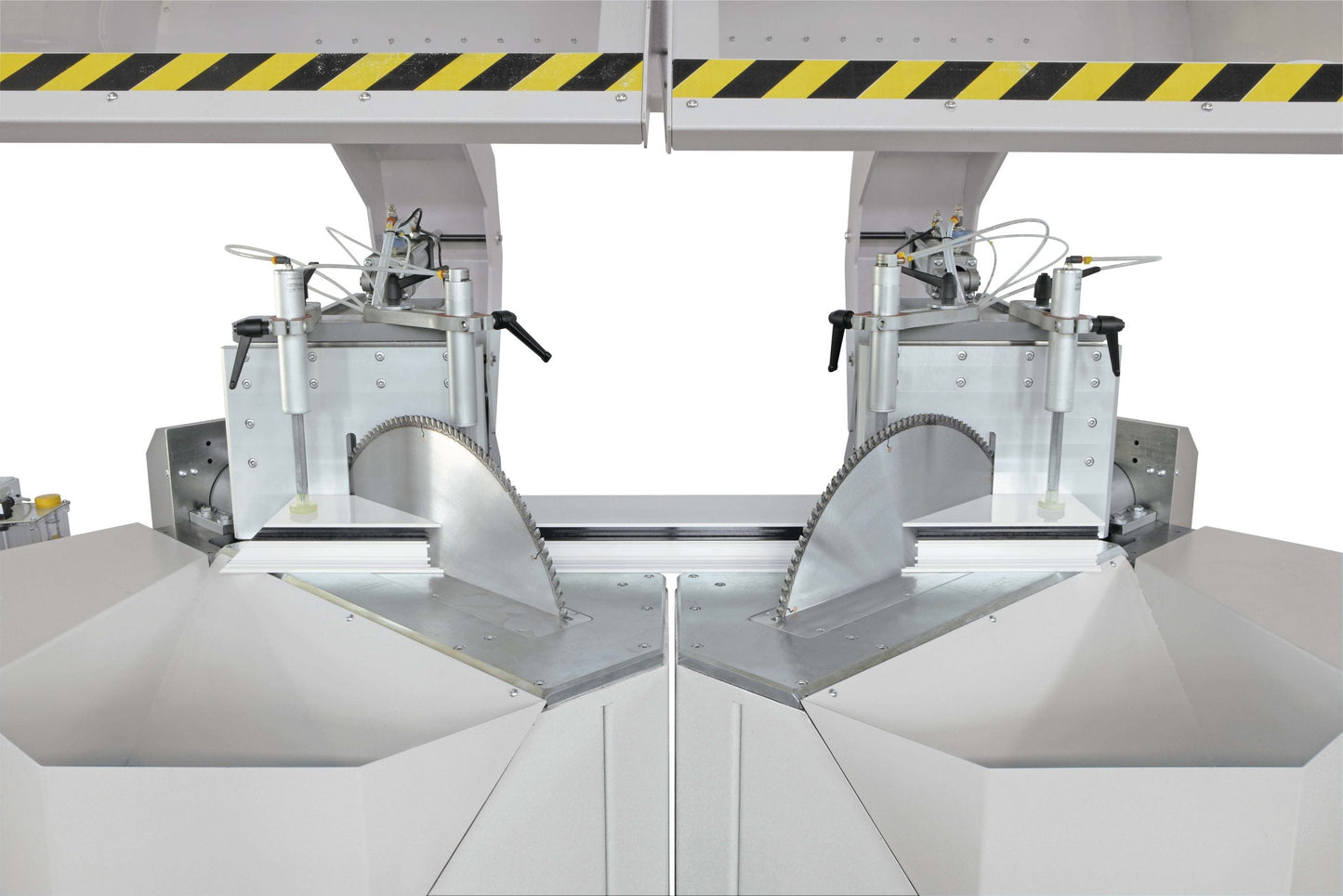 Front view of the Selecta A double-head cutting-off machine for aluminum and PVC profiles, showcasing precision-engineered blades and robust structure.
