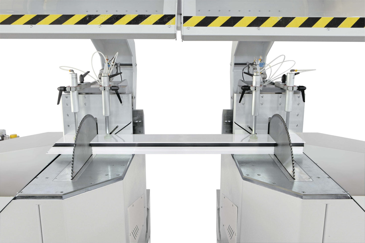 Side view of the Selecta A double-head cutting-off machine, highlighting its industrial-grade steel frame and advanced cutting technology.