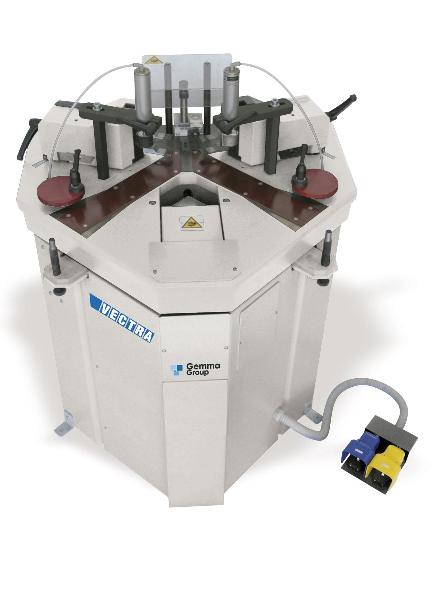Full image of the Vectra L hydraulic crimping machine by Gemma Group, featuring an advanced hydraulic system and pneumatic clamps for precise corner crimping.