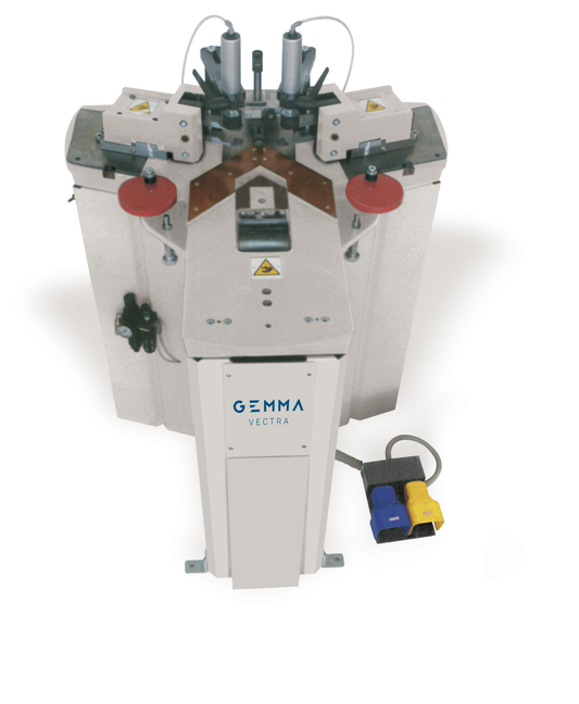 Full image of the Gemma Vectra hydraulic crimping machine, featuring pneumatic clamps, foot pedal controls, and a robust design for aluminum profile corner crimping.