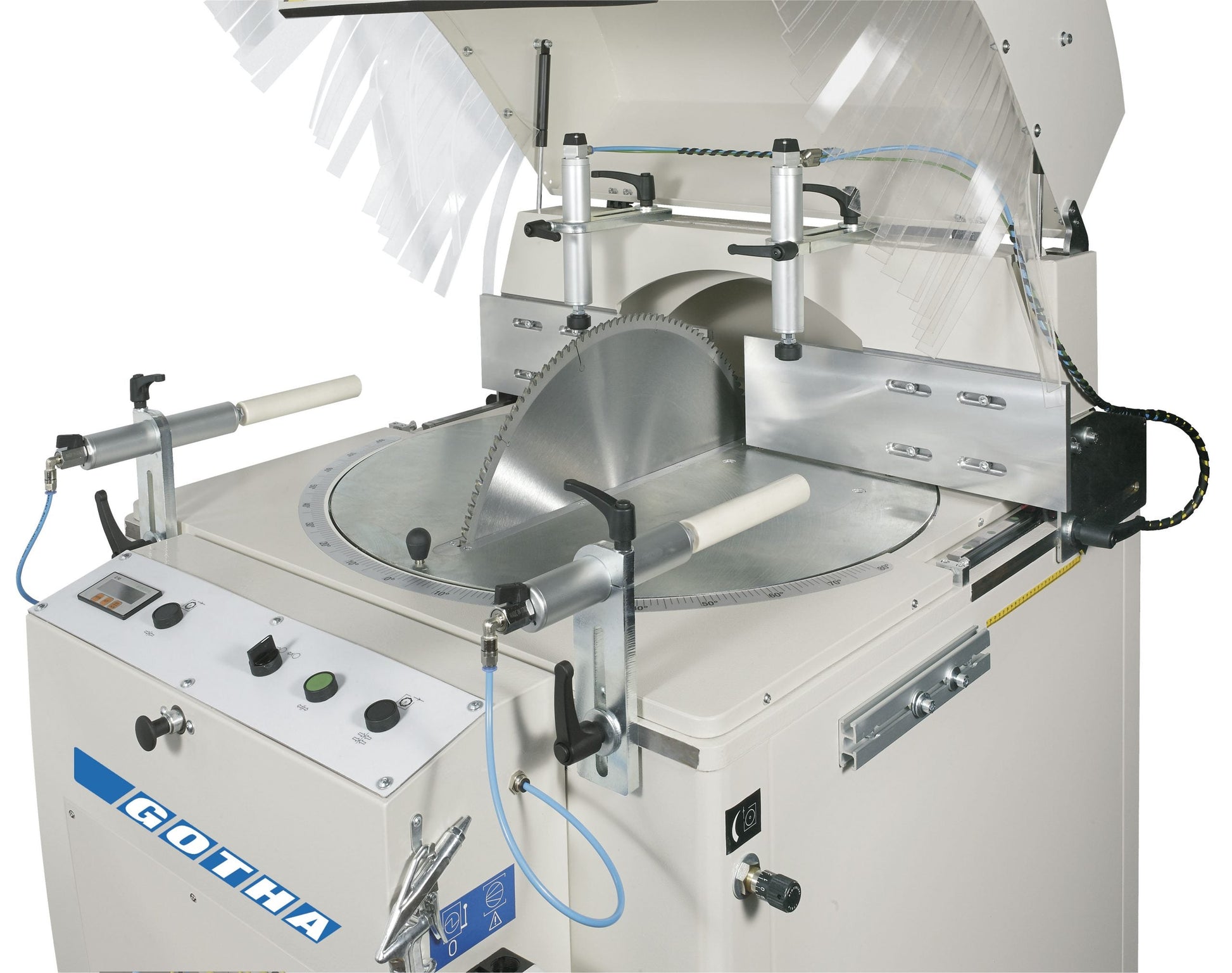 Angled view of the Gotha single-head cutting-off machine showing the 600 mm widia blade, pneumatic clamps, and intuitive control panel for precise industrial cutting applications.