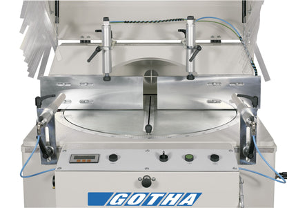 Close-up view of the Gotha single-head cutting-off machine's control panel and dual pneumatic clamps, ensuring precise cutting with adjustable angles and Venturi lubrication system.