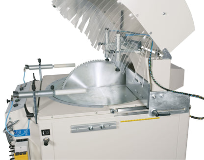 Detailed side view of the Gotha single-head cutting-off machine, highlighting the 600 mm widia blade, safety protections, and precision adjustment features for industrial cutting tasks.