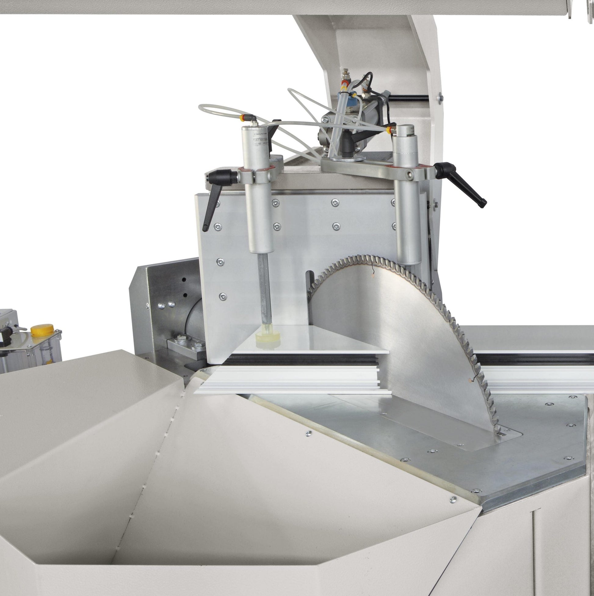 Close-up of the Kappa machine executing a 45-degree to 90-degree angled cut, ideal for precise compound applications.