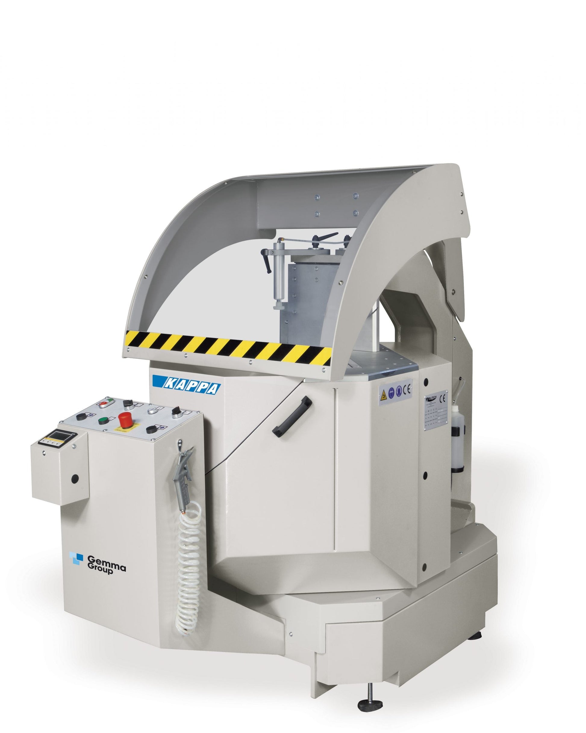 Right-side view of the Kappa cutting machine with the protective hood closed, ensuring safety during operation.