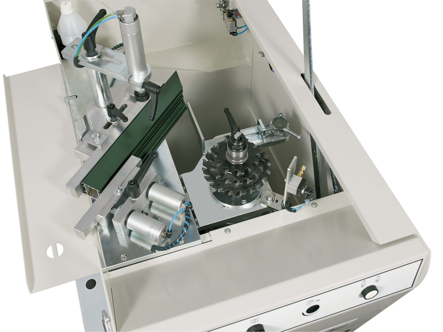 Internal components of the Libra End-Milling Machine, featuring the robust cutting mechanism and adjustable turret stops for versatile machining.