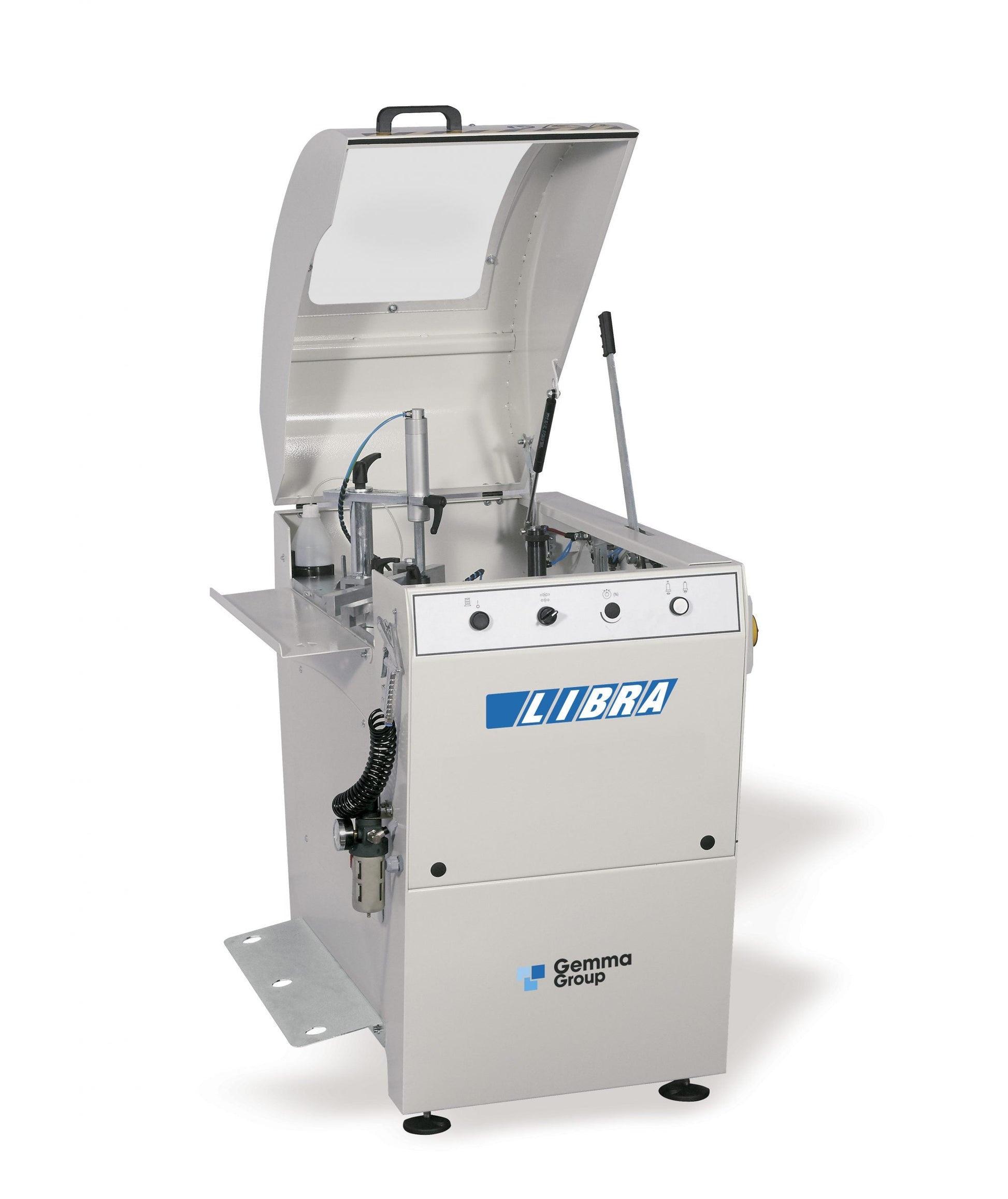 The Libra End-Milling Machine with its top cover open, highlighting the ergonomic design and user-friendly access to operational components.