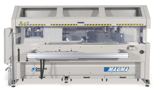 Front view of the Magma End-Milling Machine, showcasing its durable design and advanced features for precise milling of aluminum profiles.