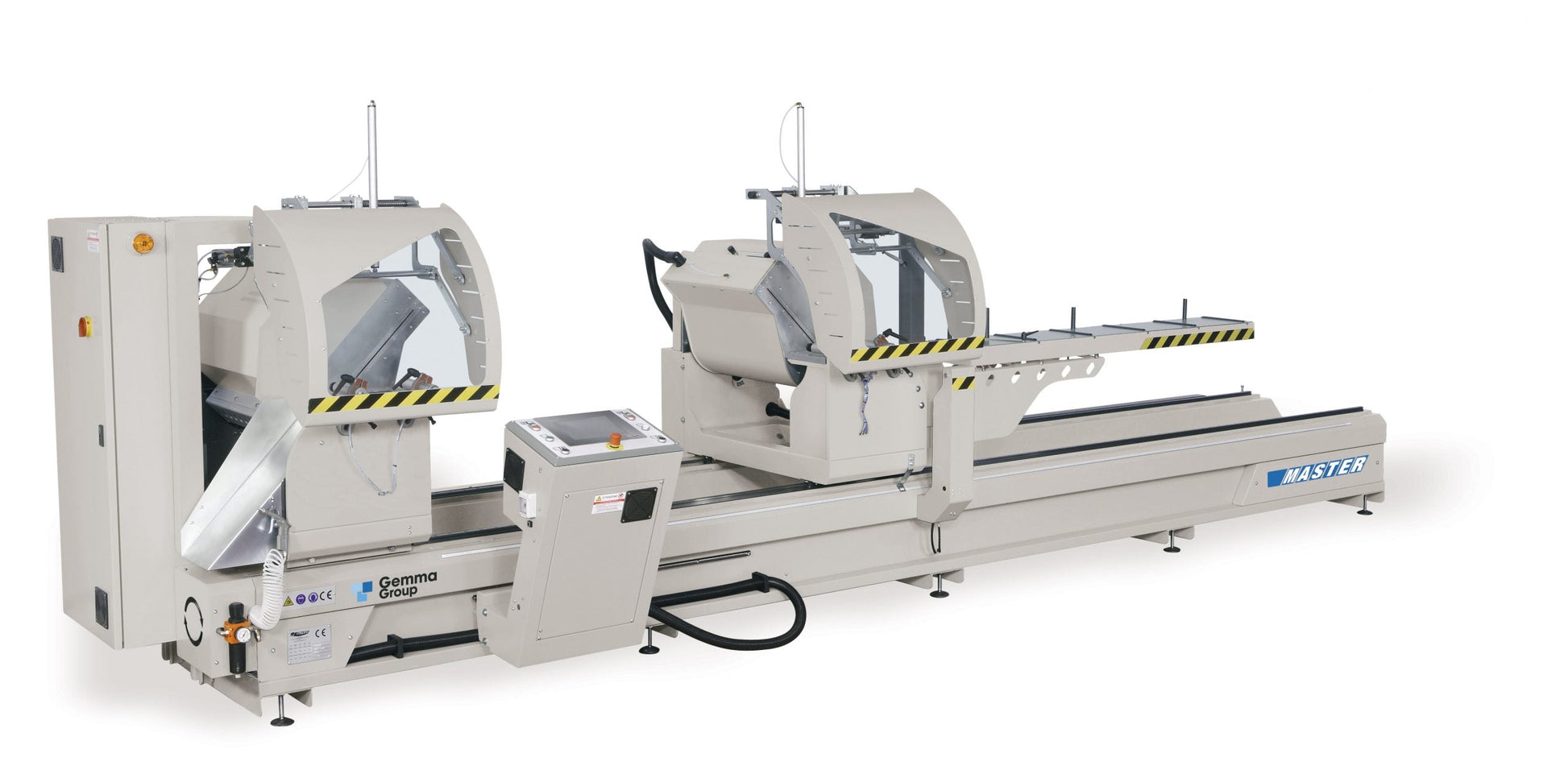 Front view of the Master A double head miter saw with electronic control and precision cutting for aluminum profiles.