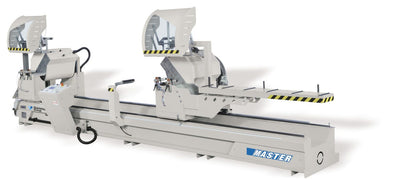 Side view of the Master P double head miter saw, showcasing robust construction and advanced features for aluminum and PVC profile cutting.