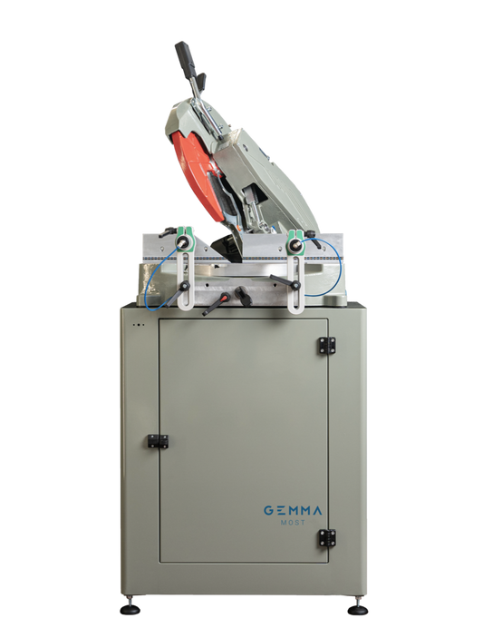 Side view of the MOST single-head cutting-off machine featuring a tilting head with a Ø 400 mm blade, designed for precise miter cuts on aluminum profiles.