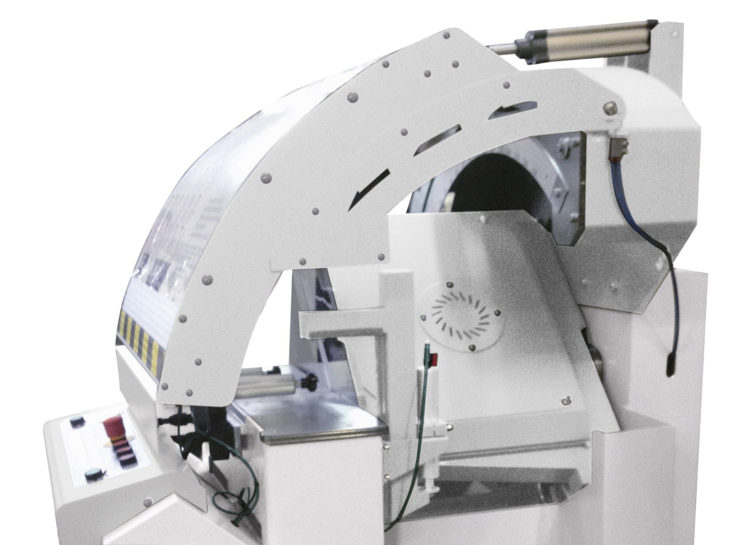 Close-up of the Premier Single-Head Cutting-Off Machine's blade cover and cutting area, highlighting advanced safety features and industrial-grade construction.