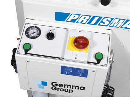 Close-up of PRISMA cutting-off machine's control panel with emergency stop button and pneumatic pressure gauge.