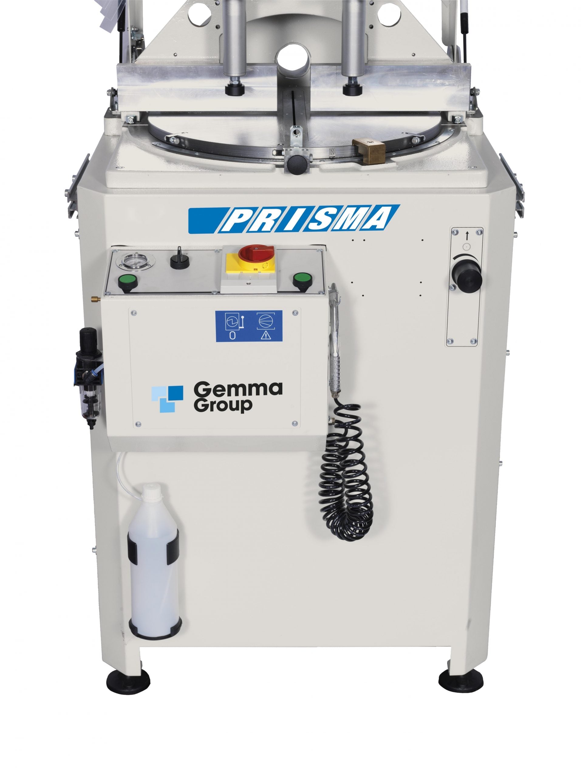 Front view of PRISMA single-head cutting-off machine with intuitive control panel and safety features.