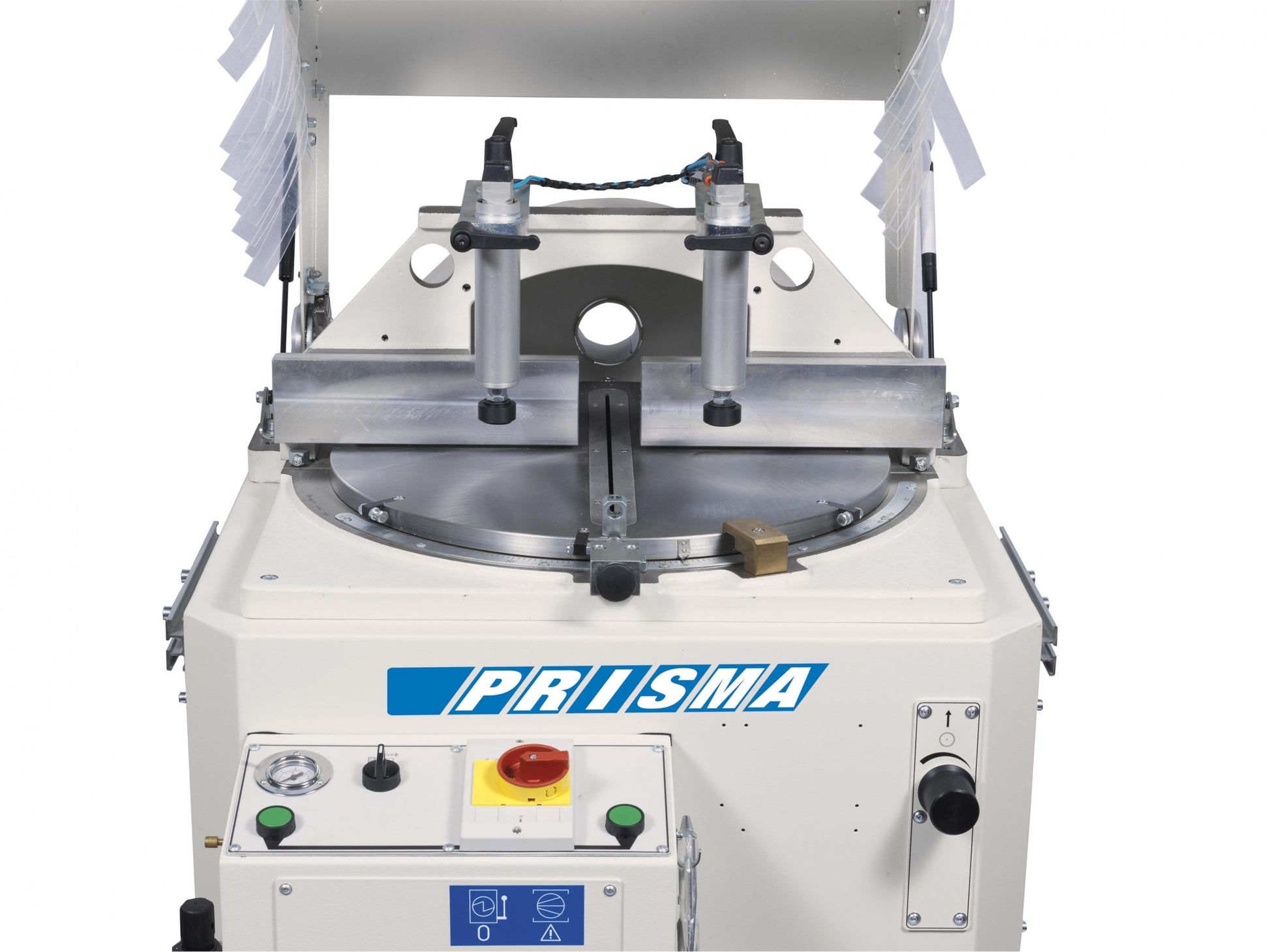 PRISMA cutting-off machine's cutting unit with vertical pneumatic clamps and a fully enclosed safety hood.