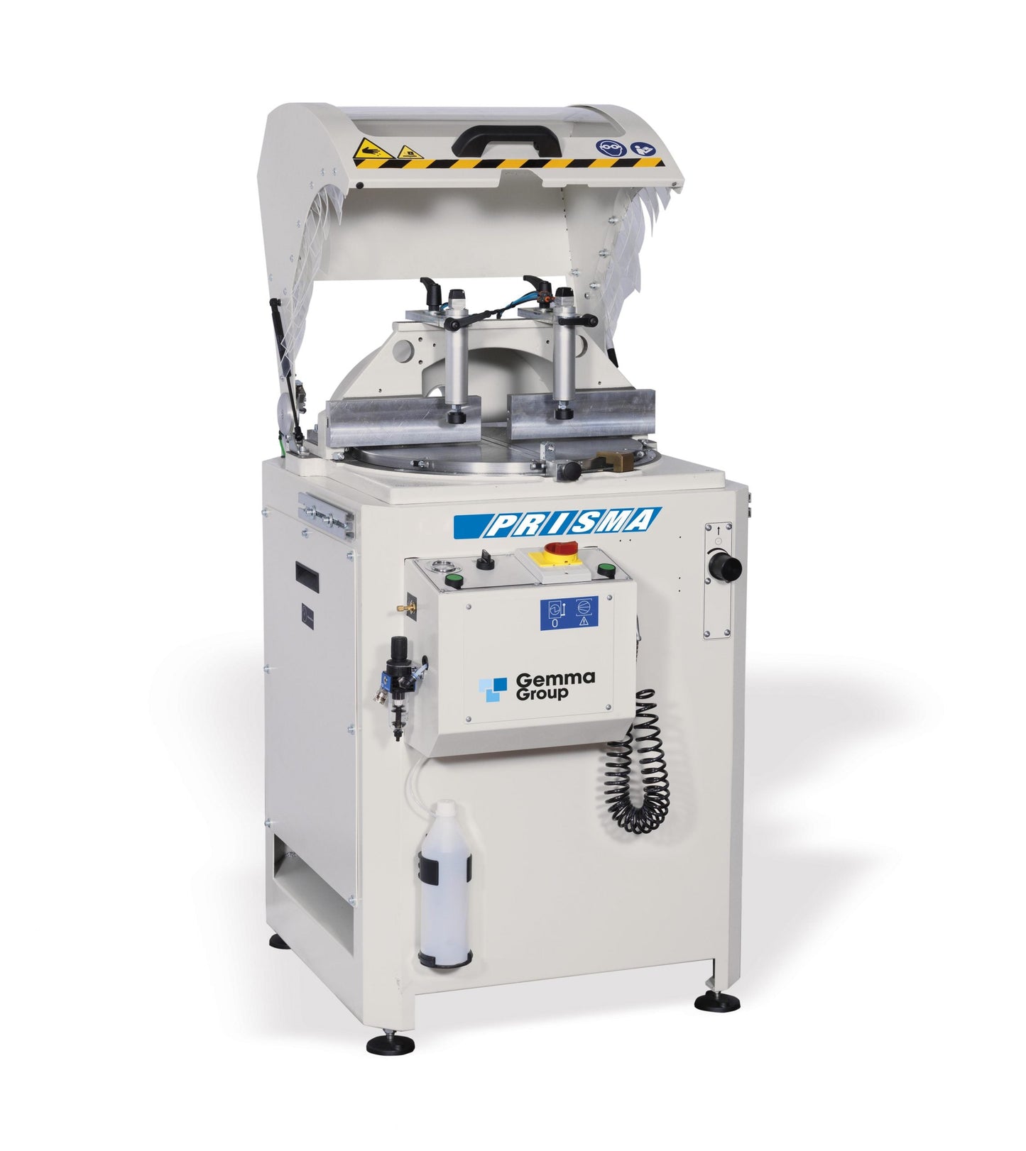 Side view of the PRISMA cutting-off machine with integrated safety features and compact design.