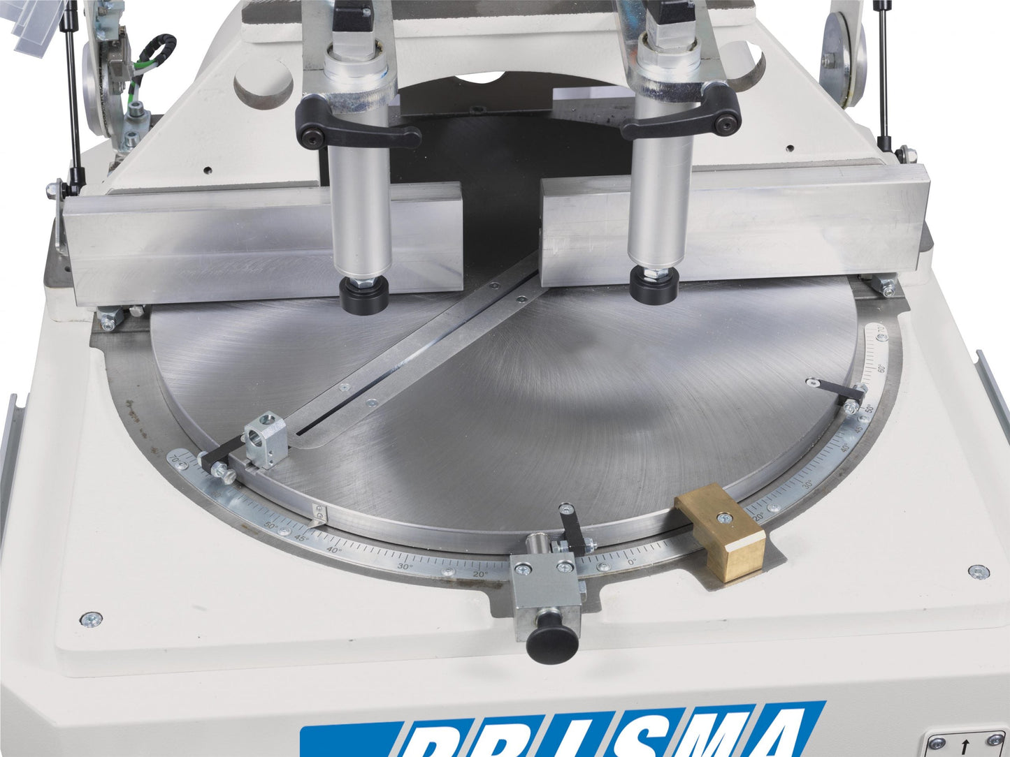 Detailed view of PRISMA's rotating worktable with adjustable cutting angles from 10 to 170 degrees.