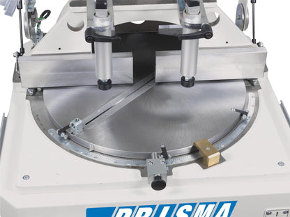 Detailed view of PRISMA's rotating worktable with adjustable cutting angles from 10 to 170 degrees.