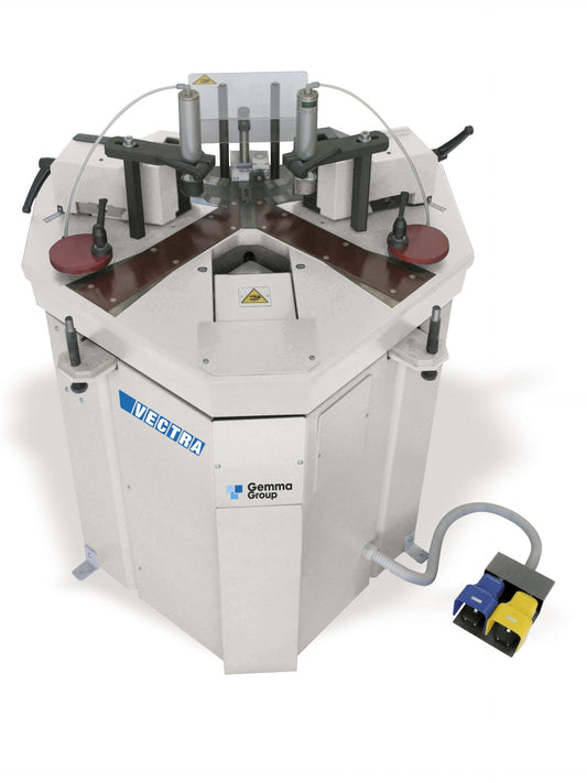 Full image of the Vectra L hydraulic crimping machine by Gemma Group, featuring an advanced hydraulic system and pneumatic clamps for precise corner crimping.